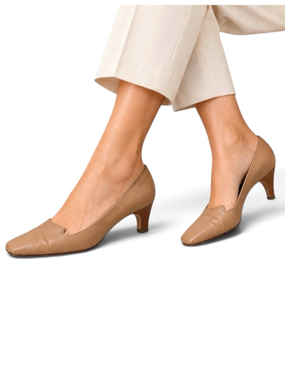 Talbots Tan Leather Pumps Square Toe Kitten Heel Womens Size 9 Italy Classic